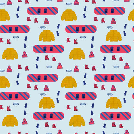 A pattern with skiing and clothes in color. Winter sports for the cold winter. Snowboard, Hat, accessories for textile sports. Vector illustrationのイラスト素材