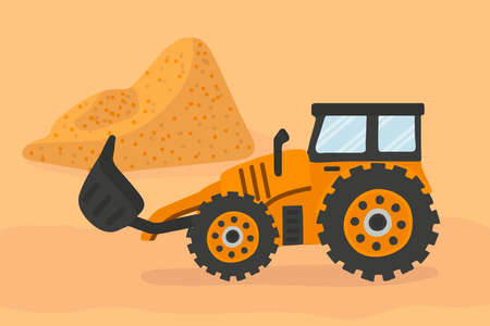 Childrens Big Truck on the road. Cargo kids transport with a bucket. Cartoon yellow tractor in the sand. Vector illustrationのイラスト素材