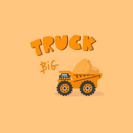 A postcard with an inscription and a truck with sand. Vector illustration yellow with transport. Cartoon childrens picture with a car. Vector illustrationのイラスト素材
