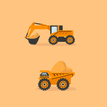 A set of illustrations of Sand Trucks. Vector vehicles for boys for poster design. Cartoon childrens set of cars. Vector illustrationのイラスト素材