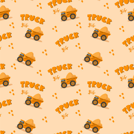 The pattern is a large truck with a transport and an inscription. A truck on the road loaded with sand delivers the cargo. Vector cartoon textile backing. Vector illustrationのイラスト素材
