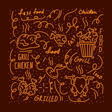 Chicken food pattern. Fried chicken, grilled, wings, breast, legs painted doodle. Homemade organic poultry meat line for background. Vector illustrationのイラスト素材