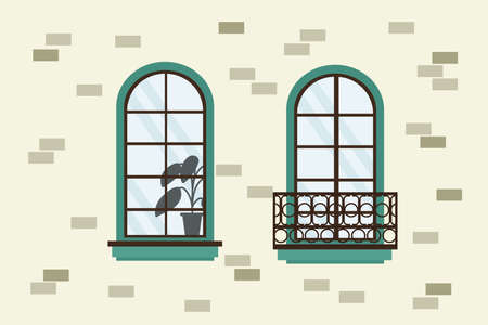 The city wall of the house with framed windows and glass. Illustration of exterior walls with windows and a flower. Cartoon architecture for design. Vector illustrationのイラスト素材