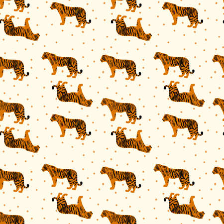 Pattern with tigers. Background with wild red animal symbol of 2022. Happy New year of the tiger. Illustration for textiles. Vector illustrationのイラスト素材