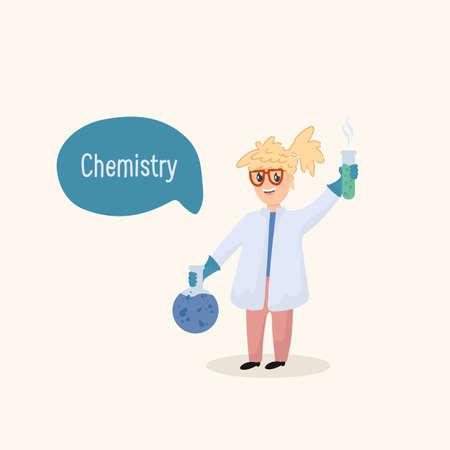 The girl is studying Chemistry at school. Teaching children in laboratories. School lesson Chemical reactions. Science for children. Vector illustrationのイラスト素材