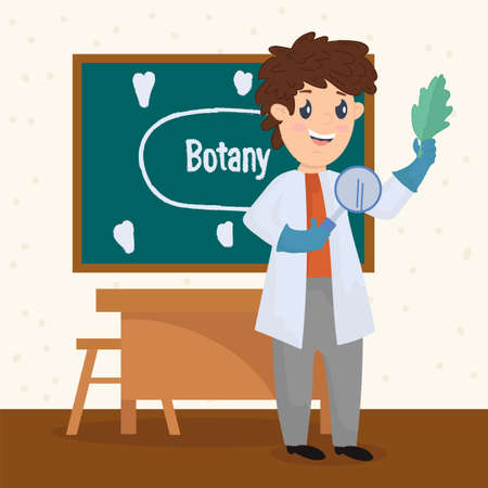 Poster of a teacher in Botany. Teaching Biology to children at school. Illustration of a school experiment with a teacher. Vector illustrationのイラスト素材