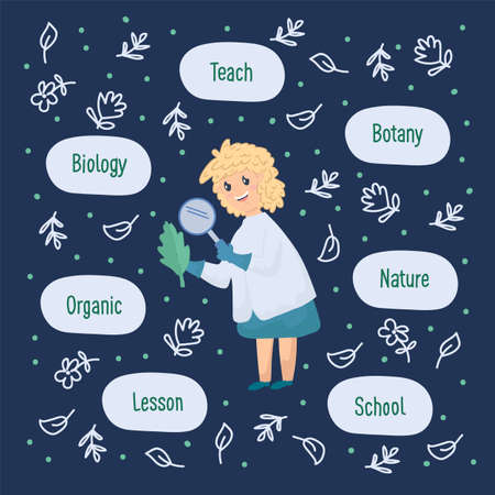 A postcard of a girl studying Leaves at school. Teaching Botany and Biology to children. Poster School lesson scientific experiments in the doodle circle. Vector illustrationのイラスト素材