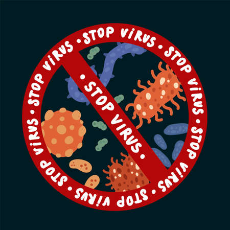 Poster Stop virus and bacteria. Icon bacteria, viruses are banned. Coronavirus stop. Colorful illustrations of microorganisms, stop germs for banner design. Vector illustrationのイラスト素材