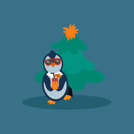 Cartoon New Years Penguin with a Christmas tree. A holiday card with an animal in glasses. Winter childrens poster. Vector illustrationのイラスト素材