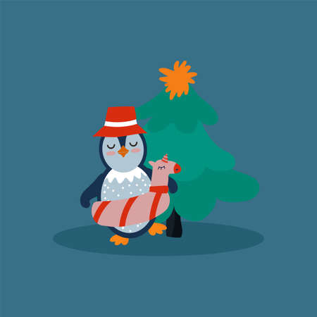 Illustration of a Penguin with a Christmas tree. A holiday card with a bird in a swimming circle and a panama hat. New Years childrens poster. Vector illustrationのイラスト素材