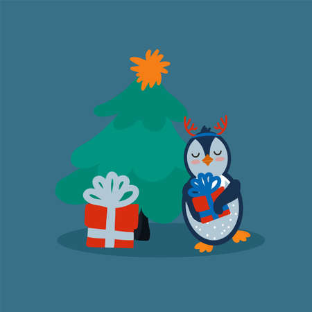 A Penguin poster with a Christmas tree and gifts. Festive New Years card with a bird for the new year. A Christmas animal for a childrens card. Vector illustrationのイラスト素材