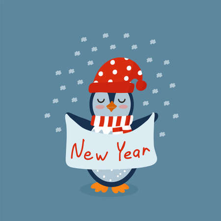 Cute Penguin postcard. Festive illustration with the inscription New Year. Animal in winter for a childrens poster. Vector illustrationのイラスト素材