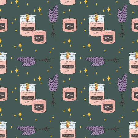 A pattern with an aroma candle. Aromatherapy with lavender, a jar with candles, with a flame. Illustrations on the background for spa textiles. Vector illustrationのイラスト素材