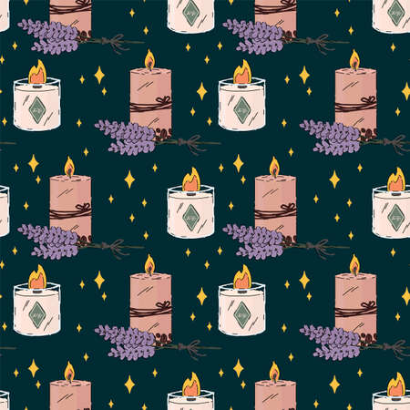 Pattern with lavender and Aroma candle. Aromatherapy at your home, self-care, a jar with candles and flames. Beautiful relaxing background for spa textiles. Vector illustrationのイラスト素材