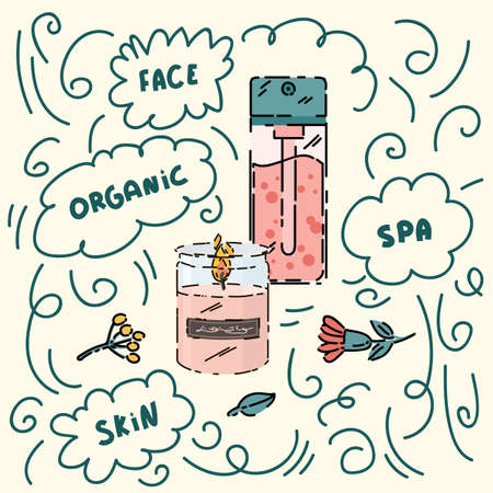 Organic skin care poster. Natural poster with organic products in a circle of doodle letters. Wellness natural cosmetics, cream, spa. Vector illustrationのイラスト素材