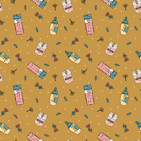 Pattern cosmetics skin care organic. Women's self-care, body, face for textiles. Natural, organic, natural cosmetics. Illustration in vector background for textiles for skin care products. Vector illustrationのイラスト素材