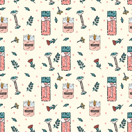Background with organic skin care products. Pattern Womens body care, face care for textiles. Natural, organic, natural care cosmetics for textiles. Vector illustrationのイラスト素材