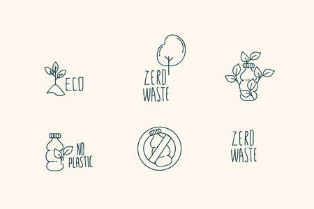 There are no badges in the set, there is no plastic. Conceptual life without plastic, eco-friendly, recyclable, eco-friendly, waste-free. A collection of sustainable linear icons. Vector illustrationのイラスト素材