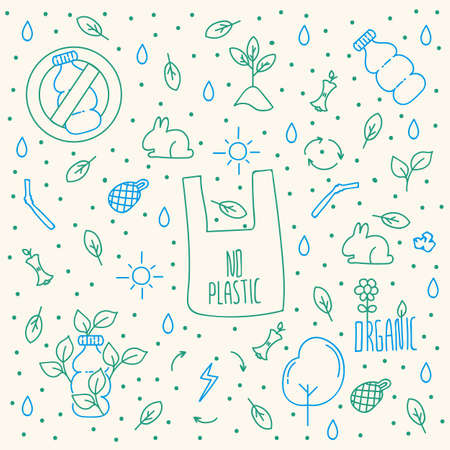 Icon background, no plastic. Conceptual Eco-life, sustainable, doodle. Poster eco-friendly safety, No plastic in life. Vector illustrationのイラスト素材