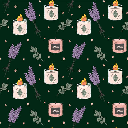 A pattern with aroma candles and lavender flowers. Beautiful background of self-care, relaxation, aromatherapy, spa. Textiles for women scented candles. Vector illustrationのイラスト素材