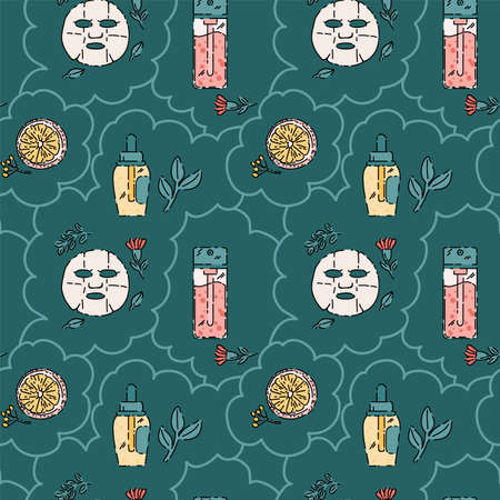 Pattern skin care with natural products. Background with organic matter in a circle of doodles. Cosmetics, cream, lotions, made of natural flowers and leaves. Vector illustrationのイラスト素材