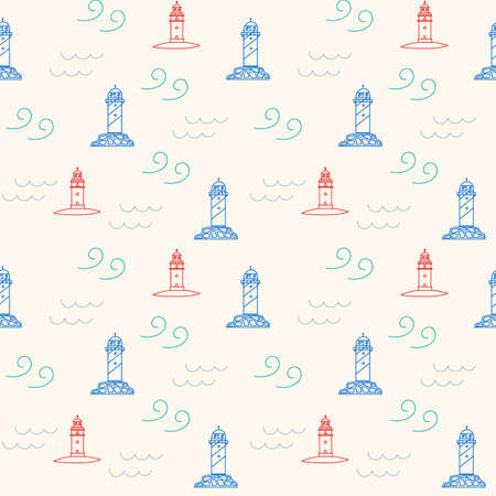 The pattern of the pendulum building. Sea background waves of the sea with a lighthouse. Doodle backing lines for textiles. Vector illustrationのイラスト素材