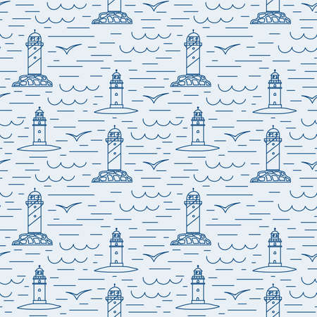 The lighthouse building pattern. Marine wave background with the sea and a house by the water. Doodle backing lines, ocean, seagulls, a house with a lantern for textiles. Vector illustrationのイラスト素材