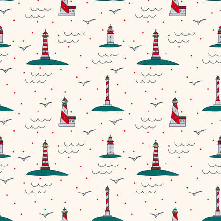 Marine background lighthouse building. Cartoon houses with lanterns for textiles. Cute doodle-style tower pattern in the bay. Vector illustrationのイラスト素材