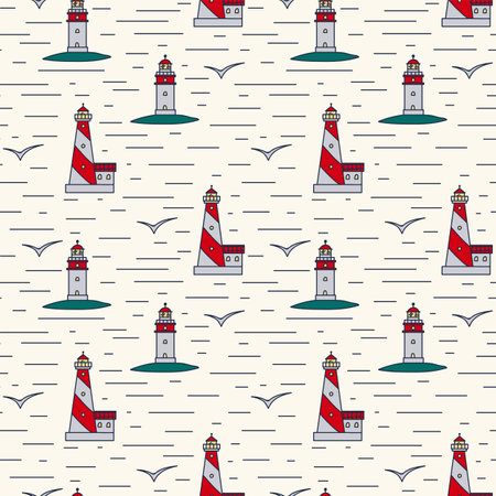 The pattern of the sea with a lighthouse. Lighthouse buildings on the shore to guide sailboats. Cute doodle tower backing for textiles. Vector illustrationのイラスト素材