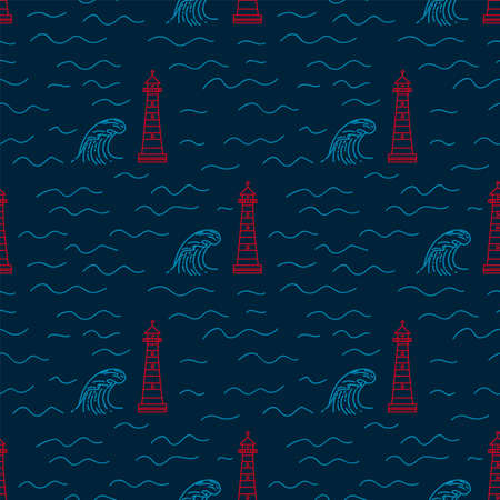 A pattern with a lighthouse building on a dark background. Lighthouse and wave on the sea. Linear substrate of doodle houses with lanterns for textiles. Vector illustrationのイラスト素材