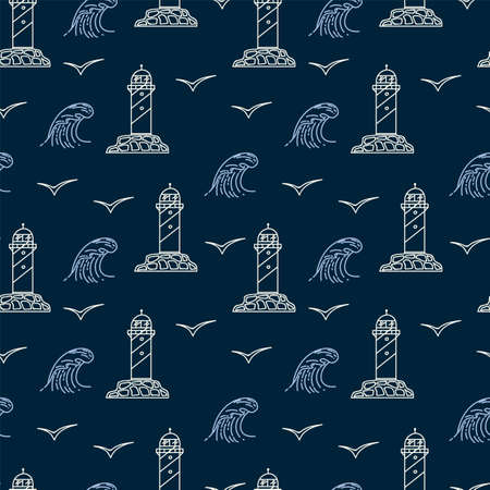The pattern of the sea with waves and a lighthouse. Lighthouse buildings and a beautiful wave of the sea. Cute doodle house backing with textile lanterns. Vector illustrationのイラスト素材