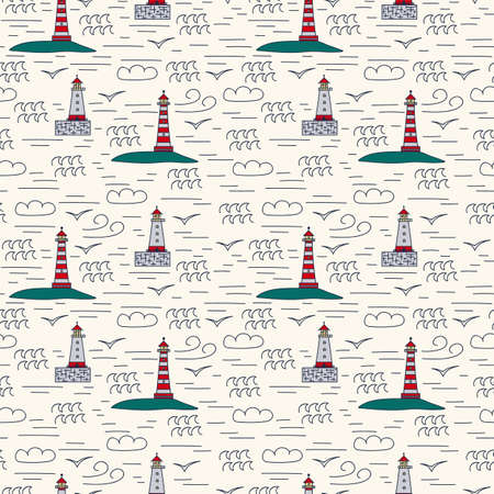 Marine pattern with a lighthouse. Cartoon houses on the shore for a landmark with lanterns for textiles. Cute doodle tower pattern colored. Vector illustrationのイラスト素材
