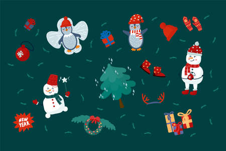 Christmas and New Year set with seasonal elements. Festive winter animals. Cartoon snowman, penguin, Christmas tree in the New Year collection. Vector illustrationのイラスト素材