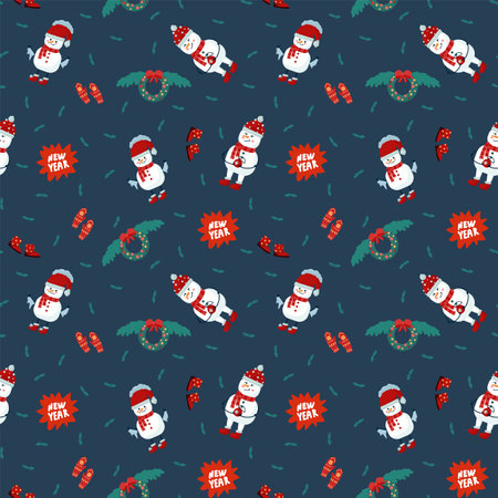 Christmas and New Year pattern with cute animals and seasonal elements. Snowman, penguin, Christmas wreath doodle for background. Vector illustrationの写真素材