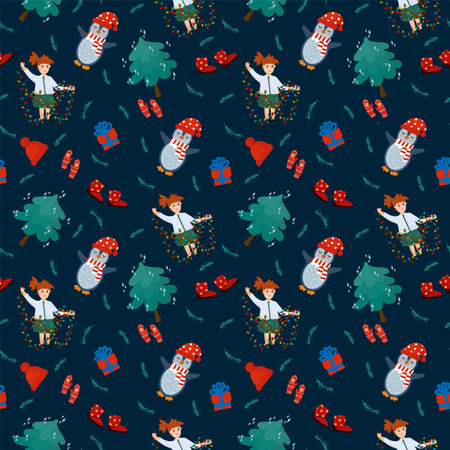 Christmas and New Year background with seasonal elements. Doodle Pattern with a Christmas tree, a child, a snowman. Holiday seasonal elements for textiles. Vector illustrationの写真素材