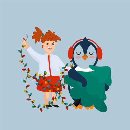 Christmas scene with cute seasonal elements. Cartoon children and animals. Vector illustrations with winter characters. Vector illustrationのイラスト素材