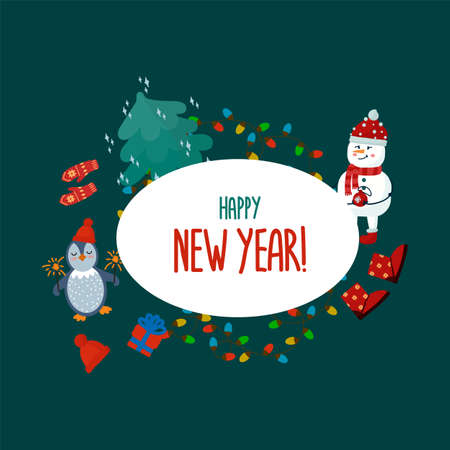 Christmas and New Year poster. A festive winter set with seasonal elements and animals. Cartoon postcard on with the inscription. Vector illustrationのイラスト素材