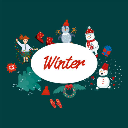 Christmas and New Year greeting card with seasonal elements. Festive winter poster with animals. Cartoon postcard with the inscription. Vector illustrationのイラスト素材