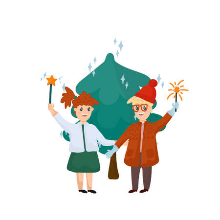 Christmas and New Year with seasonal elements. Illustration with a Christmas tree and children. The holiday scene of the winter postcard. Vector illustrationのイラスト素材