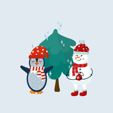 Christmas and New Year with cute animals. Illustration with a Christmas tree and seasonal elements. The festive scene of the winter postcard. Vector illustrationのイラスト素材