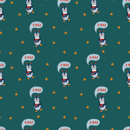 New Years pattern with penguins and an inscription. Festive animals with Christmas letters. Background for textiles of the New Year. Vector illustrationのイラスト素材