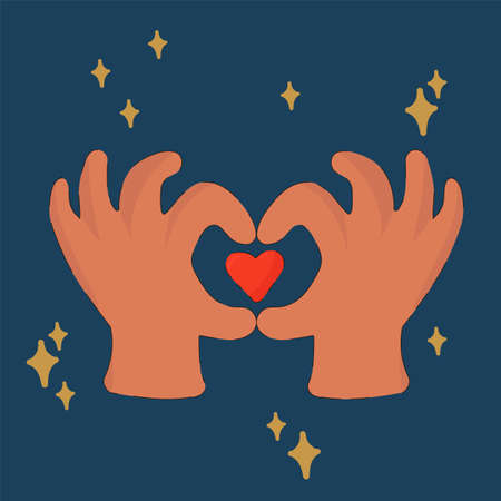 Romantic poster for Valentines Day. Vector postcard with a pair of hands in the form of a heart. For...
