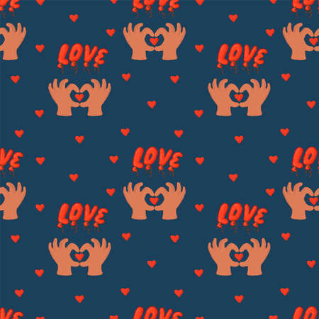 Pattern for Valentines Day. Background with letters Love and hands. Vector elements with a heart for textiles. Vector illustrationのイラスト素材