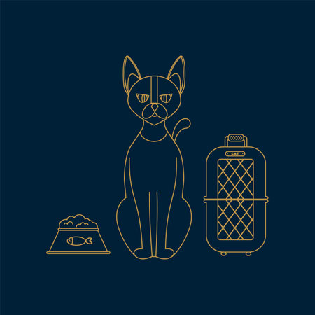 A cat with accessories for pets. Illustrations in the doodle line for the veterinary clinic with pet care supplies. Vector illustrationのイラスト素材