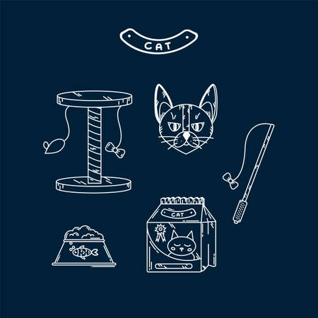 A set with accessories for cats and pets. Vector illustrations in a line for a pet store. A doodle for a veterinary clinic with pet care supplies. Vector illustrationのイラスト素材