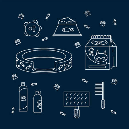 Hand-drawn background with accessories for pets cat. Pets poster for veterinary clinics. Doodle pattern with cats with their food, toys and grooming supplies. Vector illustrationのイラスト素材