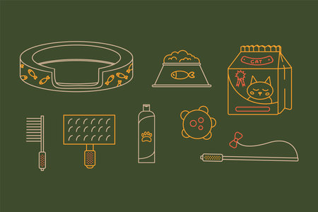A set with Pet Accessories for cats. Doodle characters with cats, toys and food. Love for cats. Vector illustrationのイラスト素材
