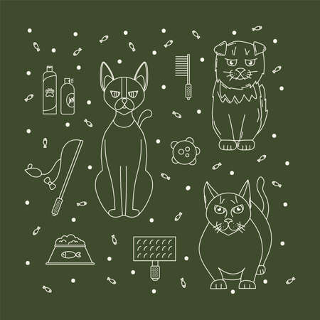 A postcard with accessories for pets. Poster doodle linear cat characters. Love for animals is a cute pattern. Vector illustrationのイラスト素材