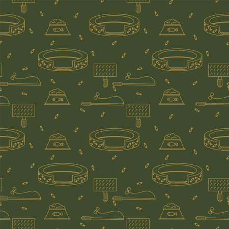 Pattern with accessories for pets. Background doodle linear characters cats, food, toys. A substrate with animals for textiles. Vector illustrationのイラスト素材
