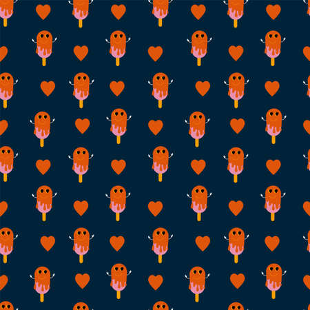 Abstract retro background with cartoon characters. Pattern with cartoon background of ice cream sticker on a stick. Vector textile substrate with retro cartoon style elements. Vector illustrationの写真素材